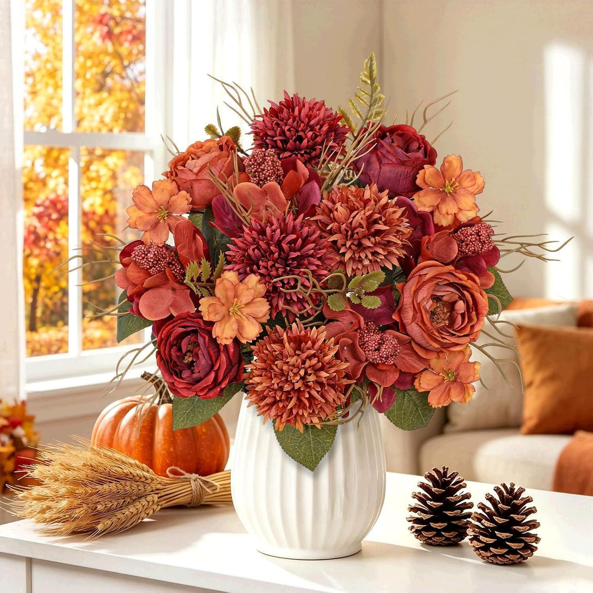 Herbststrauß Kunstblumen Burgunderrot | 2er Set, Pfingstrosen & Chrysanthemen