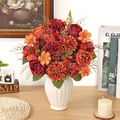 Herbststrauß Kunstblumen Burgunderrot | 2er Set, Pfingstrosen & Chrysanthemen