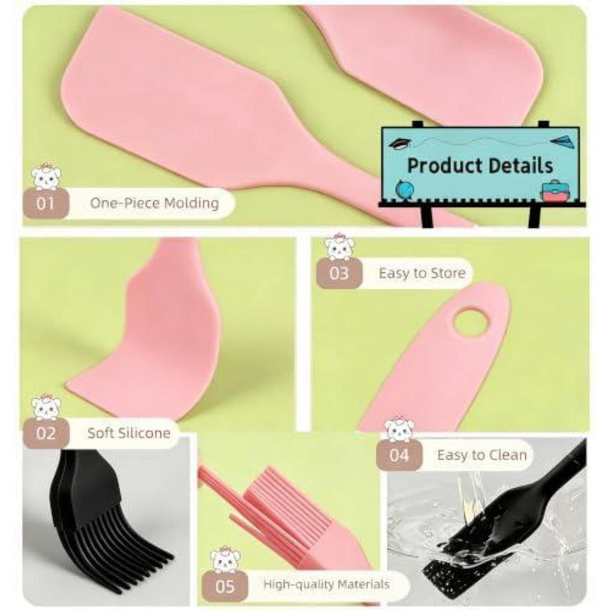 3-teiliges Silikonschaber-Set Rosa – Backpinsel & Spatel