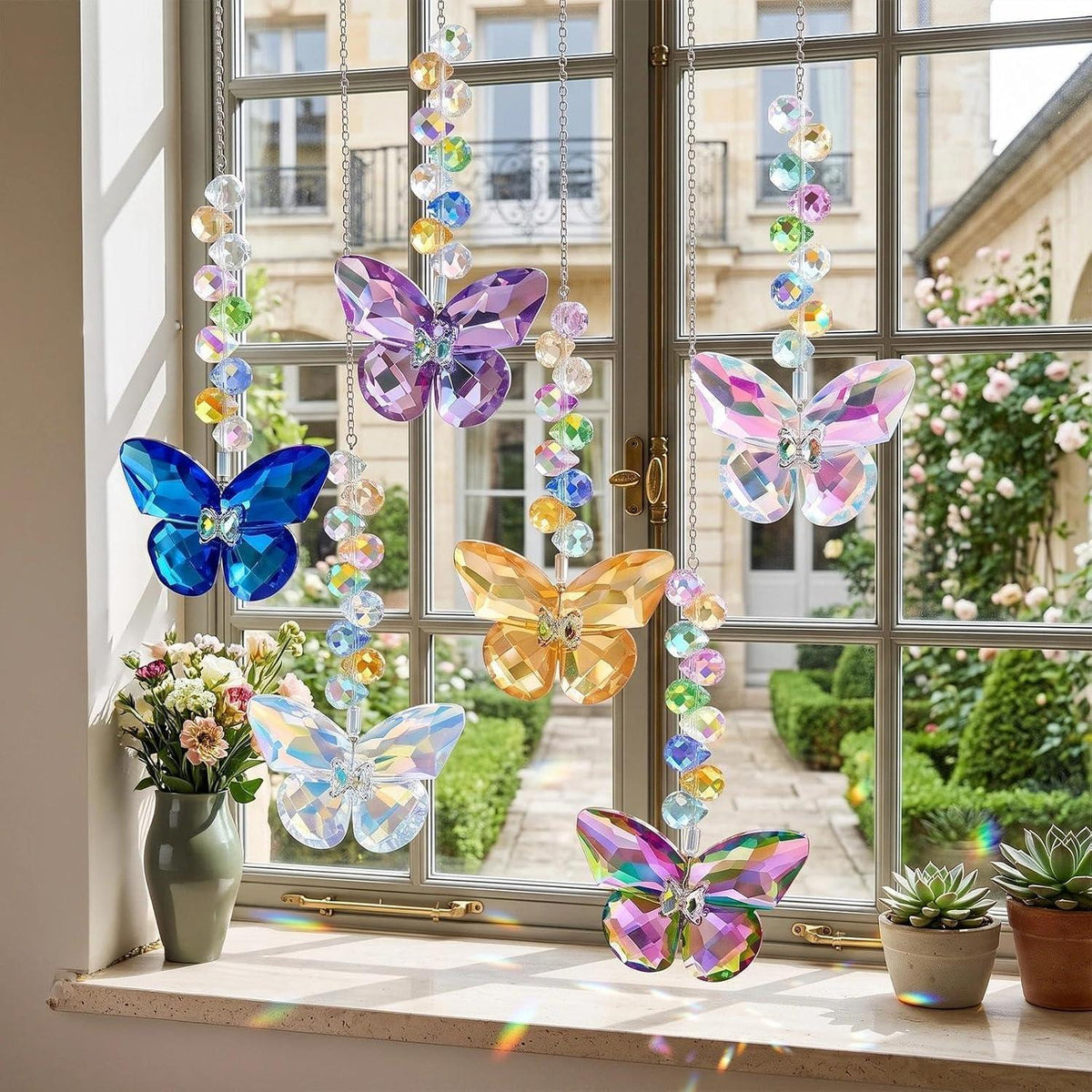 6x Kristall Sonnenfänger Schmetterling | Fensterdeko Lichtfänger Regenbogen