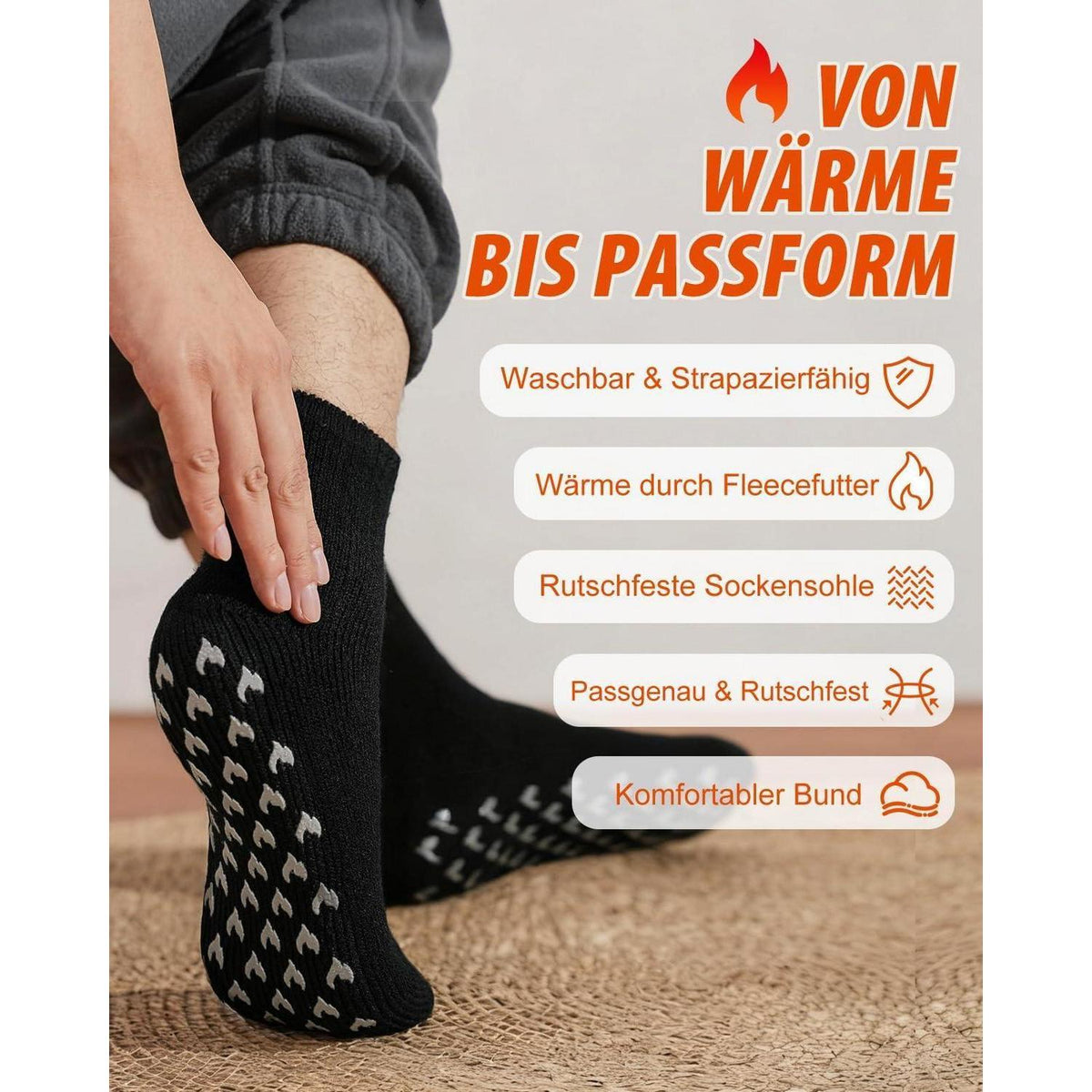 Warme Stoppersocken Herren mit rutschfester Sohle, Größen 39-50