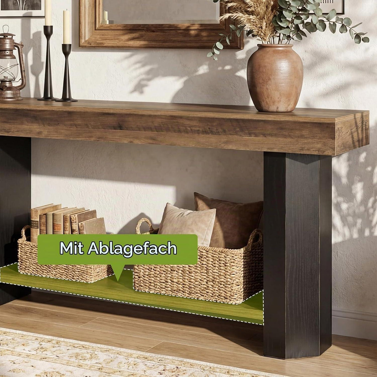 160cm Konsolentisch mit Regal – Rustikal Braun & Schwarz