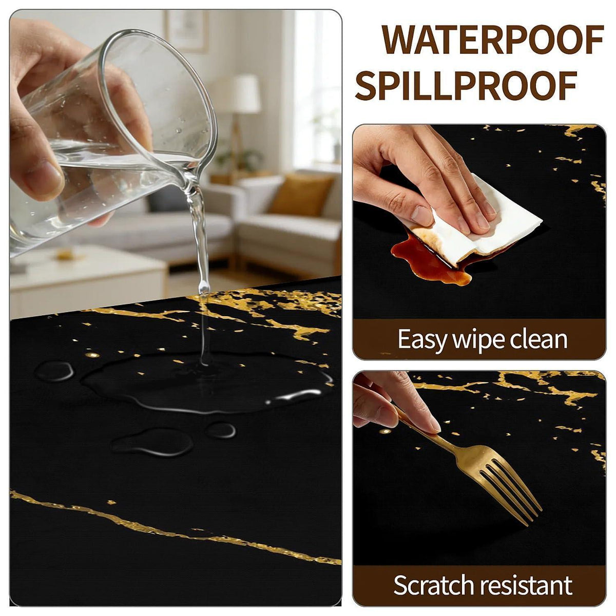 Wasserdichte Tischdecke Rechteckig 140x80 Schwarz Gold Marmor