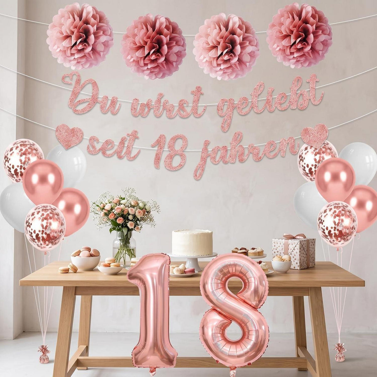 18. Geburtstag Deko Set Rosegold | Girlande & Ballons für Mädchen