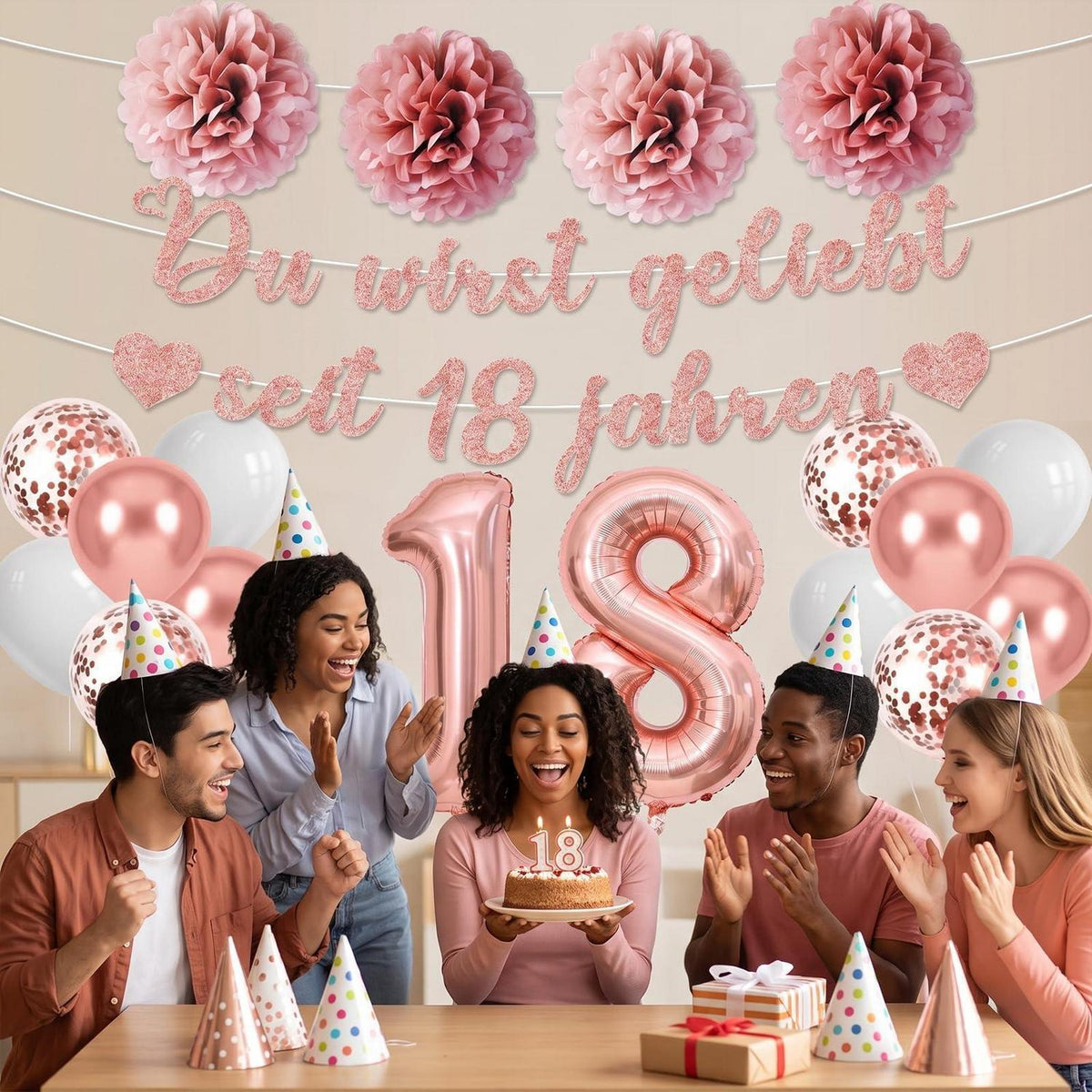 18. Geburtstag Deko Set Rosegold | Girlande & Ballons für Mädchen
