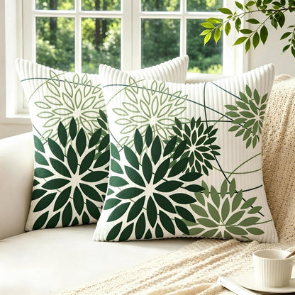 2er Set Kordsamt Kissenbezüge Salbeigrün Blumen 45x45 cm