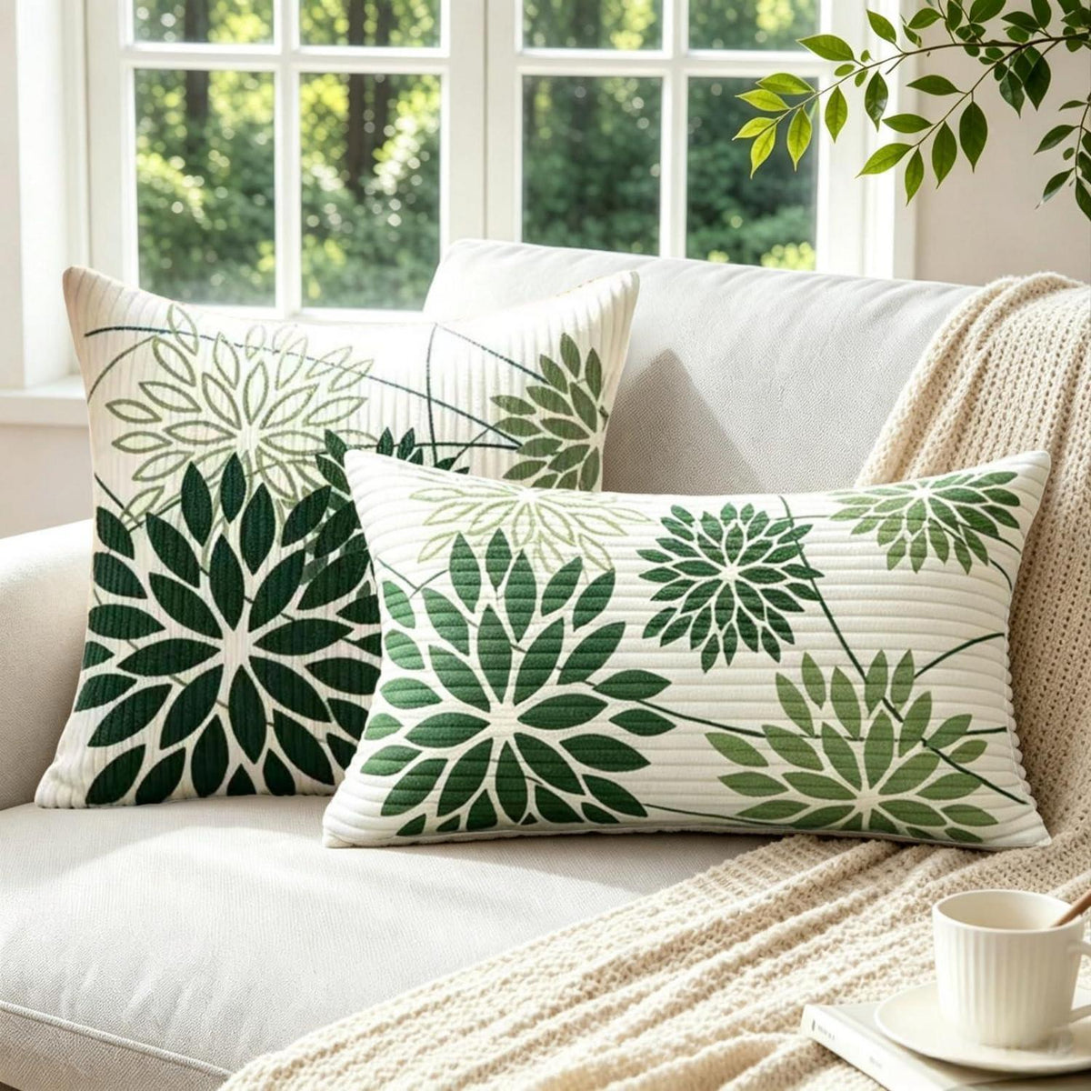 2er Set Kordsamt Kissenbezüge Salbeigrün Blumen 45x45 cm