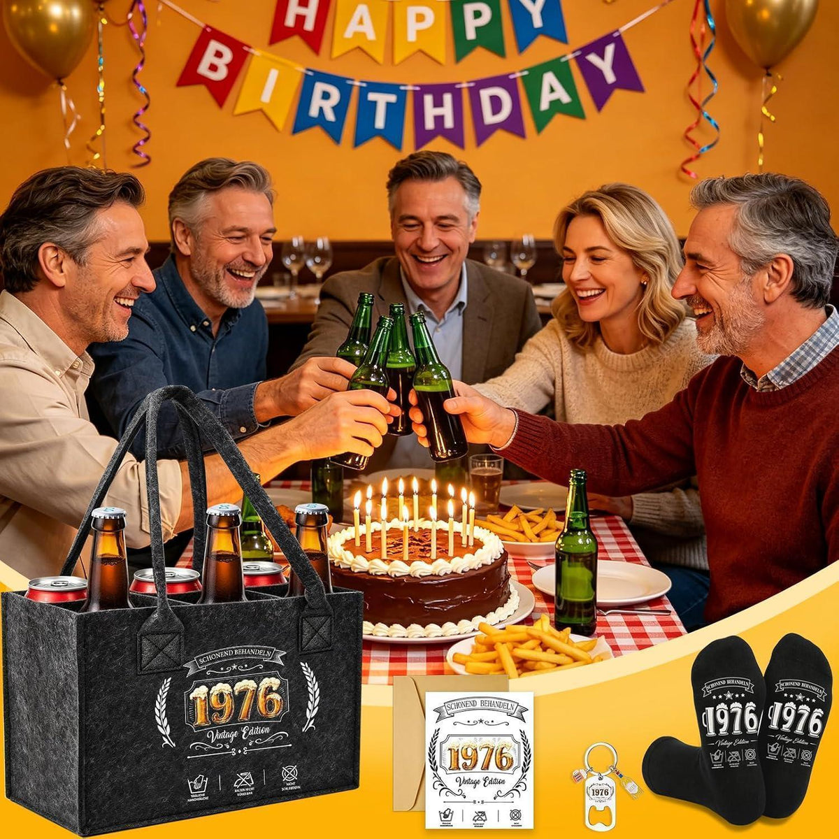 Bier Handtasche Geschenkset 50 Geburtstag Mann mit Socken & Schlüsselanhänger
