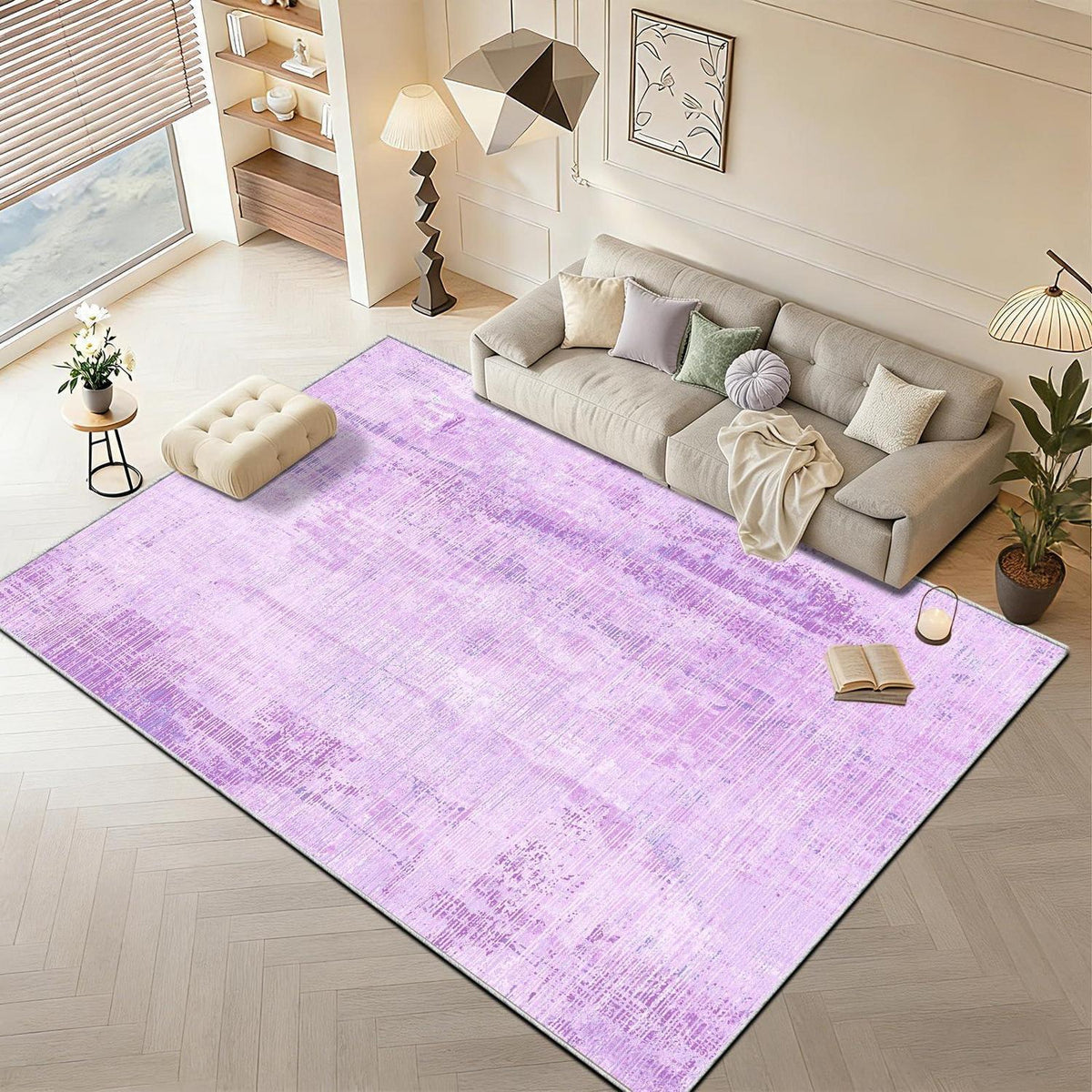 Vintage Teppich Lila 160x230cm – Weicher Kurzflor Teppich Wohnzimmer