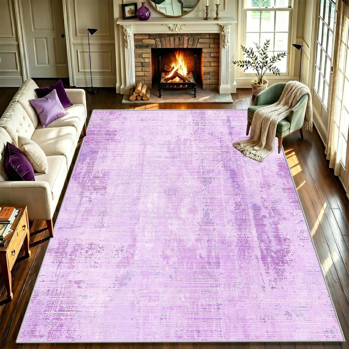 Vintage Teppich Lila 200x300cm - Weicher Kurzflor Teppich Wohnzimmer