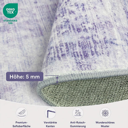 Vintage Teppich Lila 160x200cm – Weicher Kurzflor Teppich Wohnzimmer