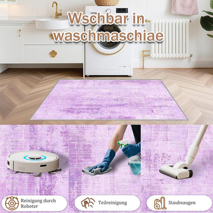 Vintage Teppich Lila 160x200cm – Weicher Kurzflor Teppich Wohnzimmer