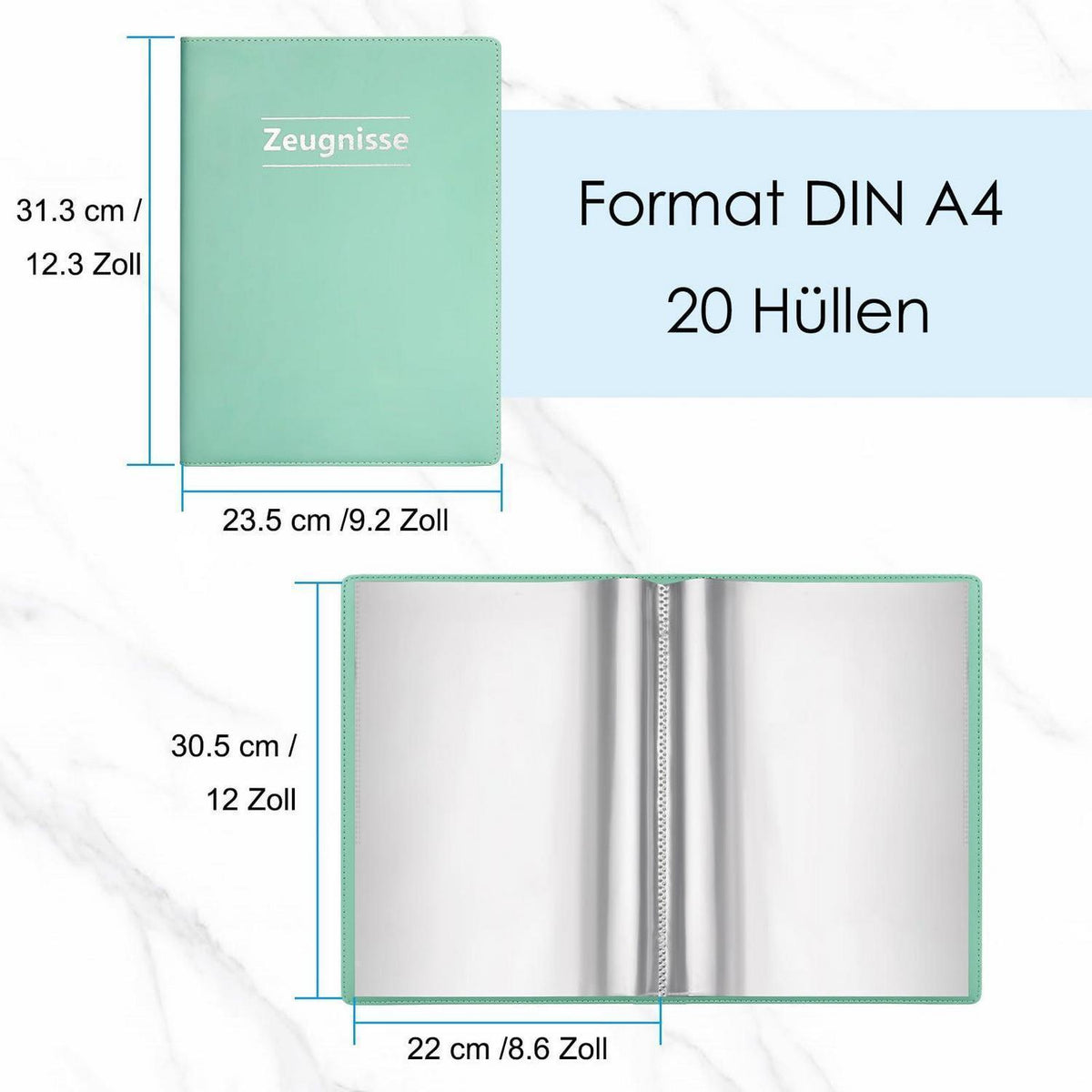 Zeugnismappe A4 mit 20 Klarsichthüllen – Mintgrün