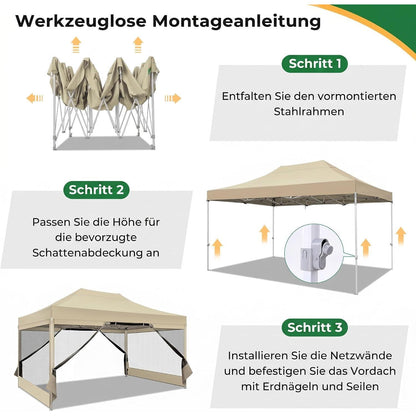 Faltpavillon 3x4,5 Wasserdicht mit Seitenwänden & Moskitonetz