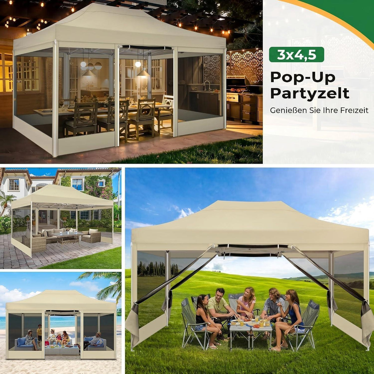 Faltpavillon 3x4,5 Wasserdicht mit Seitenwänden & Moskitonetz
