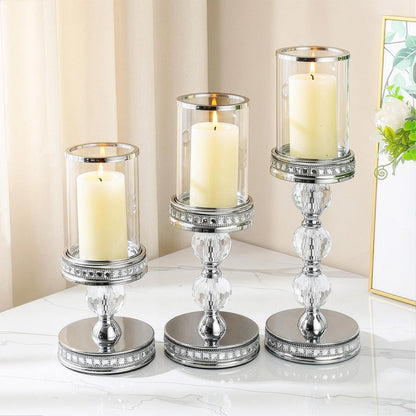 Stumpenkerzenhalter mit Glas, 3er Set, Silber, 25.5/31.5/37.5cm