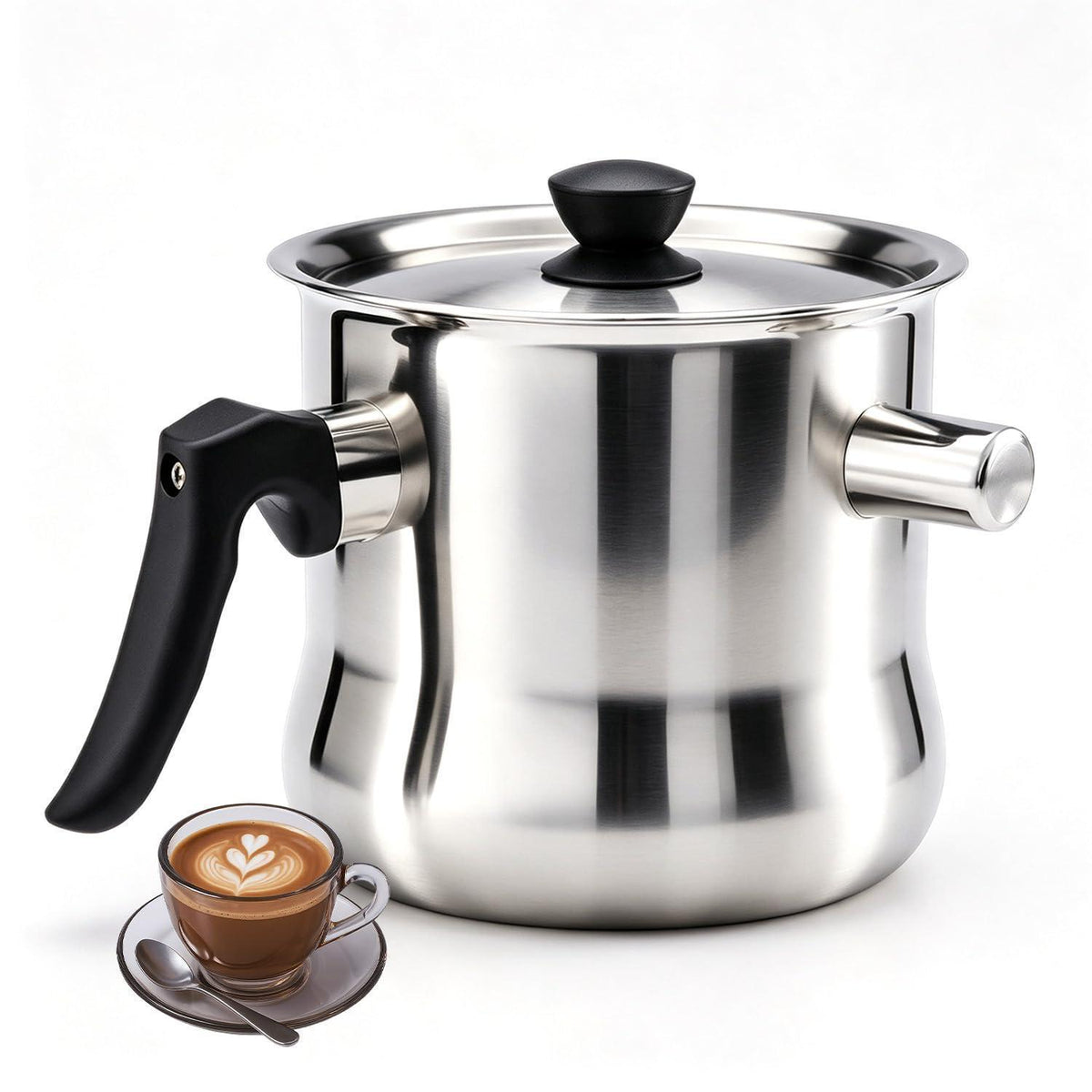 Doppelwandiger Milchtopf Edelstahl 1,5L mit Deckel & Pfeife