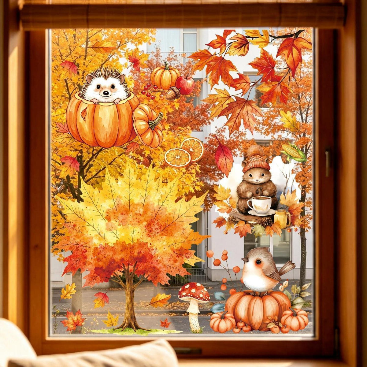 Herbst Fensterbilder Tiere & Kürbisse – Selbstklebend 9er Set