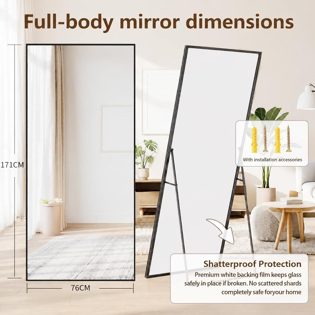 Ganzkörperspiegel 171x76cm – Stand- & Wandspiegel Schwarz