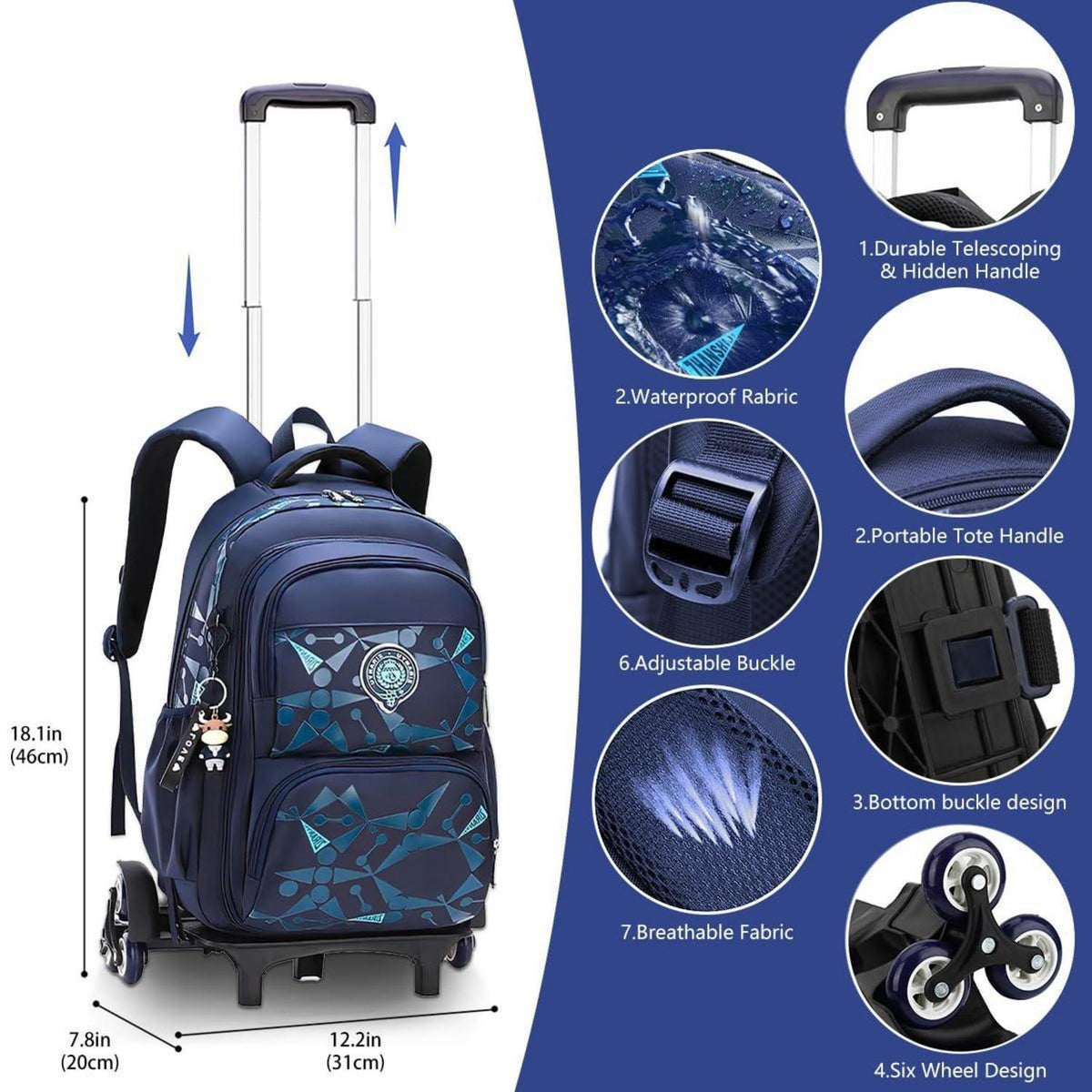Rucksack mit Rollen für Kinder – Schultasche mit Trolley, Schwarz