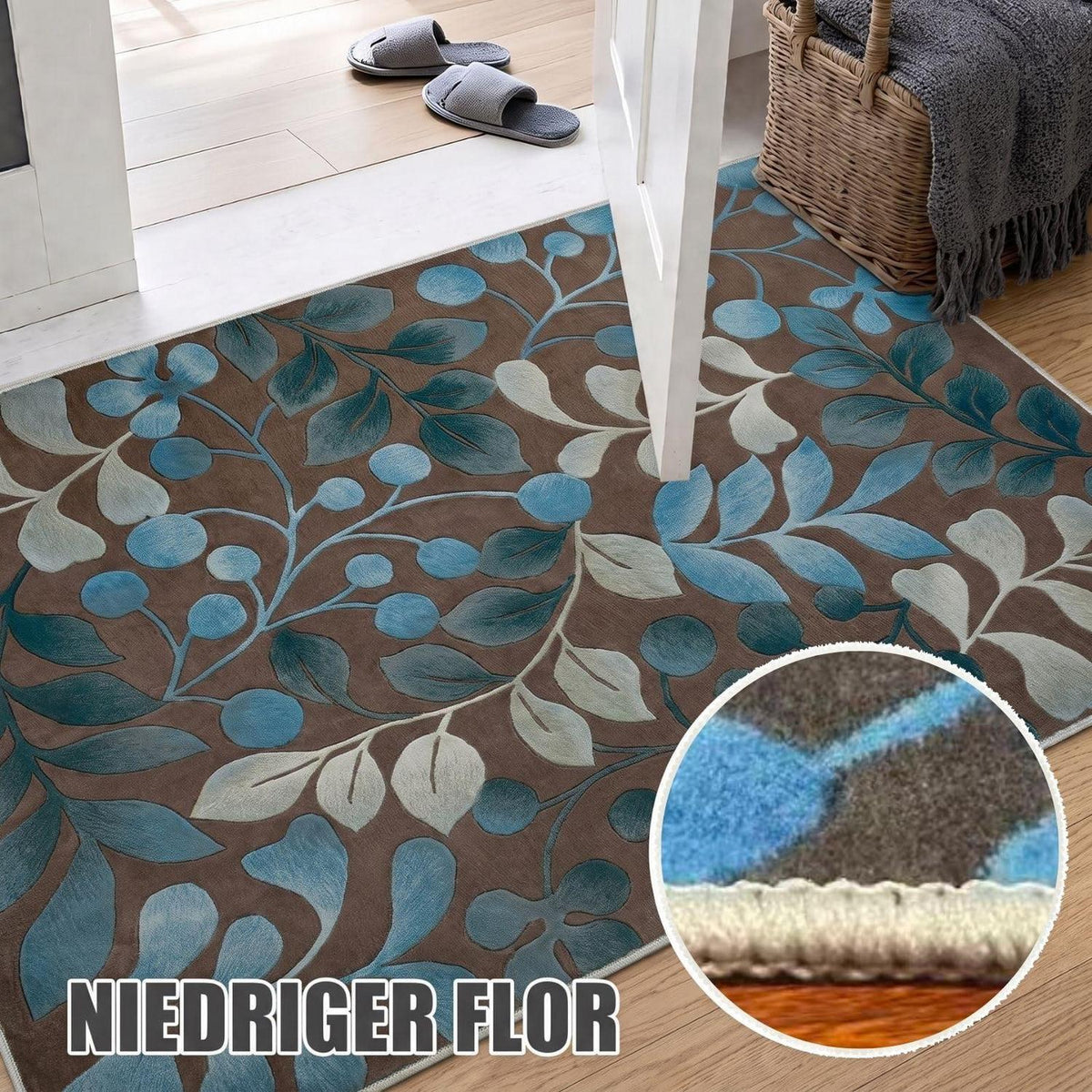 Waschbarer Kurzflor Teppich Braun-Blau 180x250 cm – Rutschhemmend & Weich