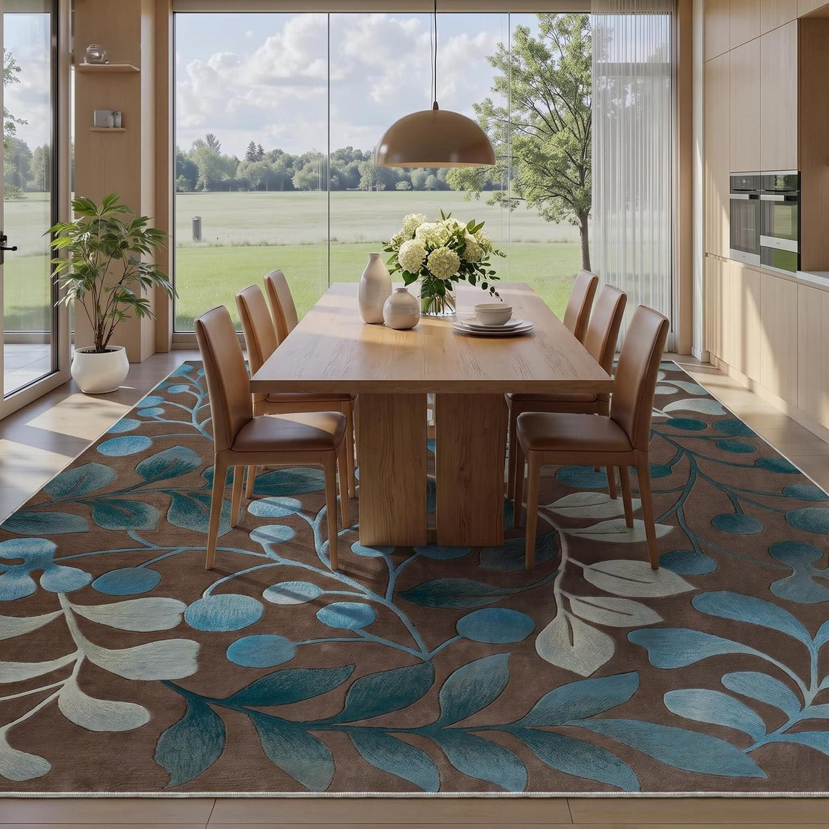 Waschbarer Kurzflor Teppich Braun-Blau 200x300 cm – Rutschhemmend & Weich