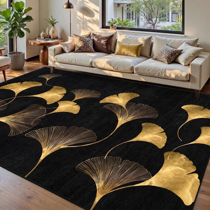 Waschbarer Teppich Schwarz-Gold 200x300 cm – Ginkgo Kurzflor Wohnteppich