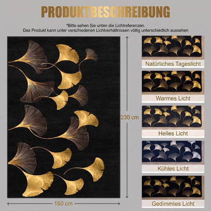 Waschbarer Teppich Schwarz-Gold 200x300 cm – Ginkgo Kurzflor Wohnteppich