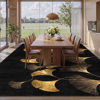 Waschbarer Teppich Schwarz-Gold 200x300 cm – Ginkgo Kurzflor Wohnteppich