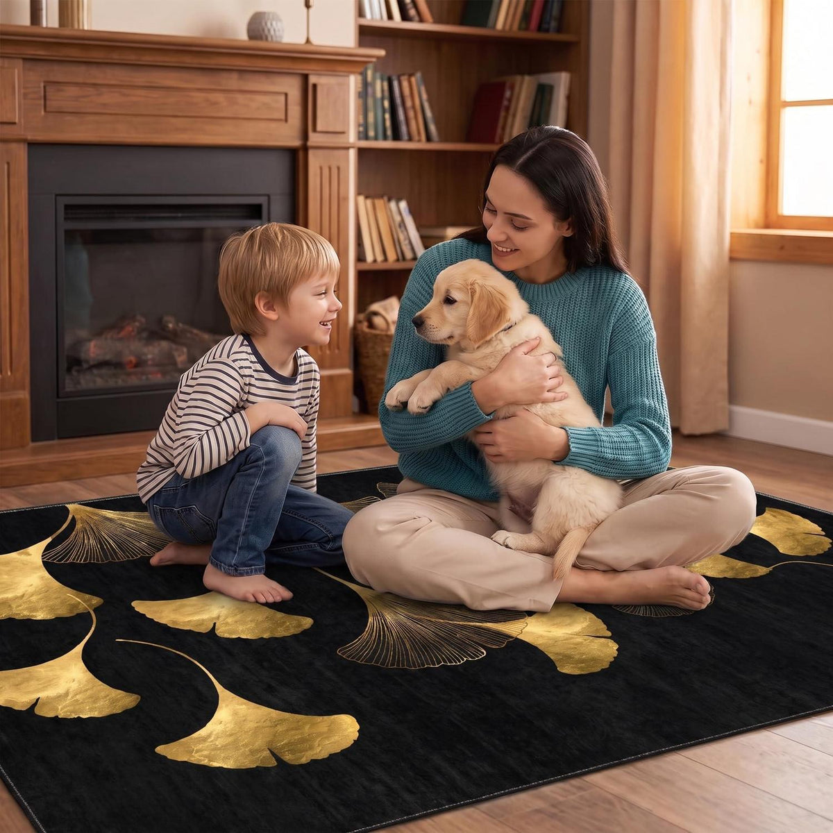 Waschbarer Teppich Schwarz-Gold 200x300 cm – Ginkgo Kurzflor Wohnteppich
