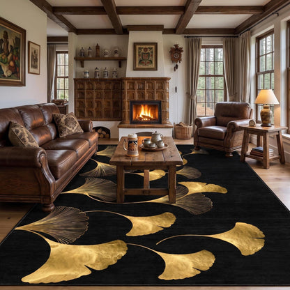 Waschbarer Teppich Schwarz-Gold 200x300 cm – Ginkgo Kurzflor Wohnteppich