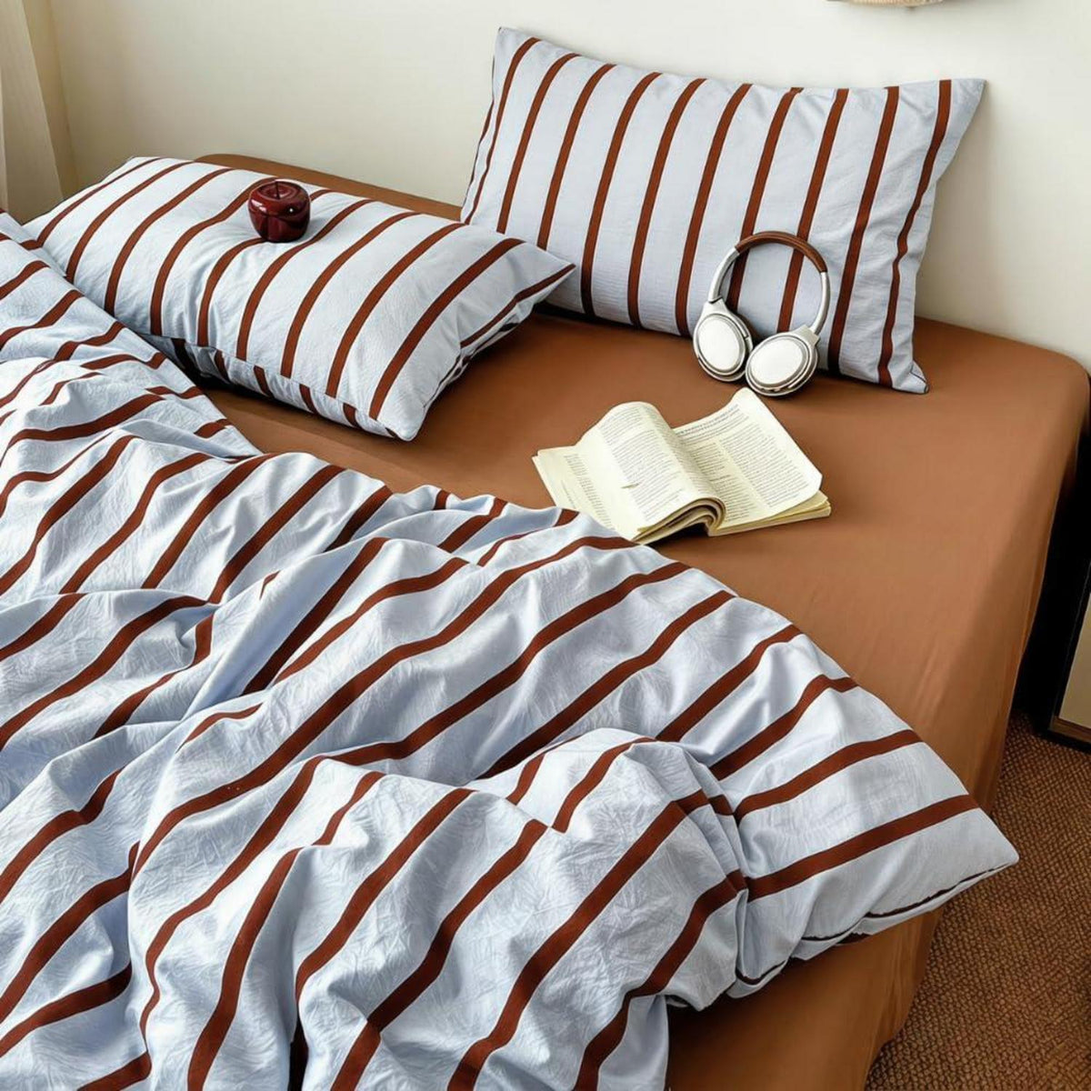 Bettwäsche Set Blau Braun Gestreift 155x220 + 80x80 cm