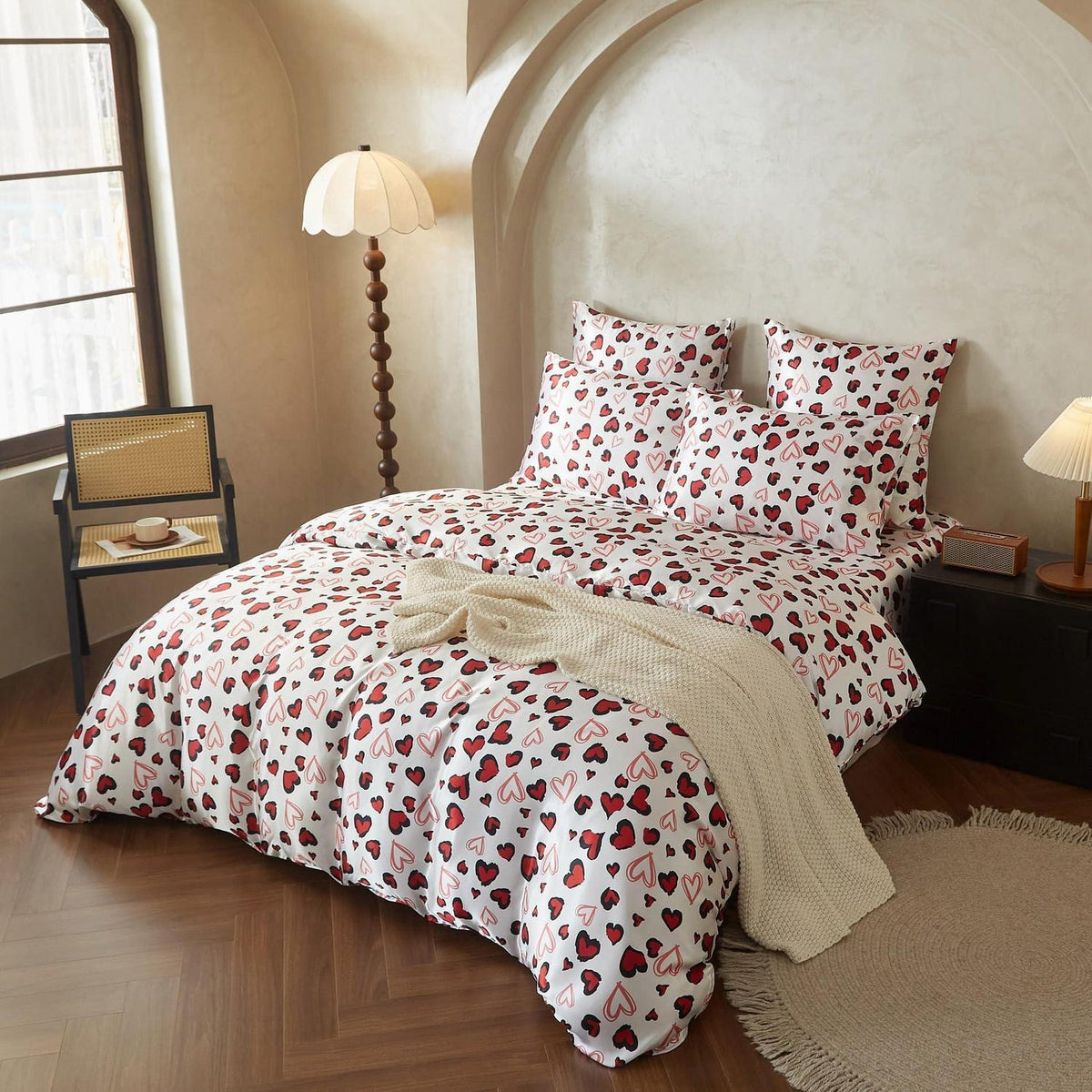 Satin Bettwäsche Set 135x200 Rot Schwarz Herzen