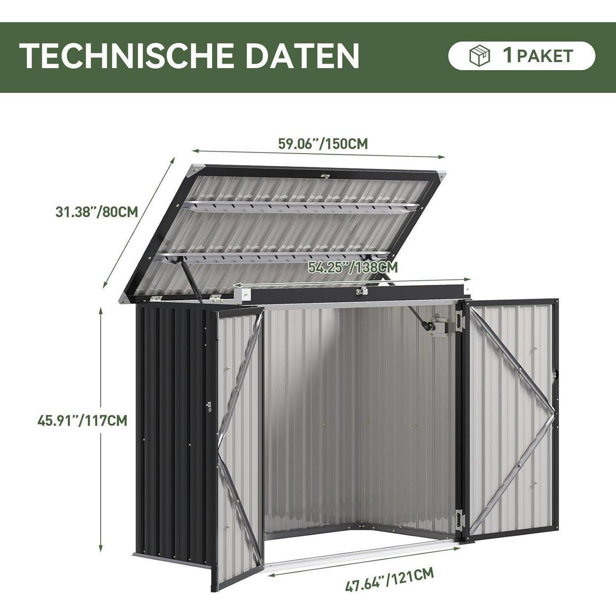 Gerätehaus Metall 150x117x80 mit Türen & Deckelzug