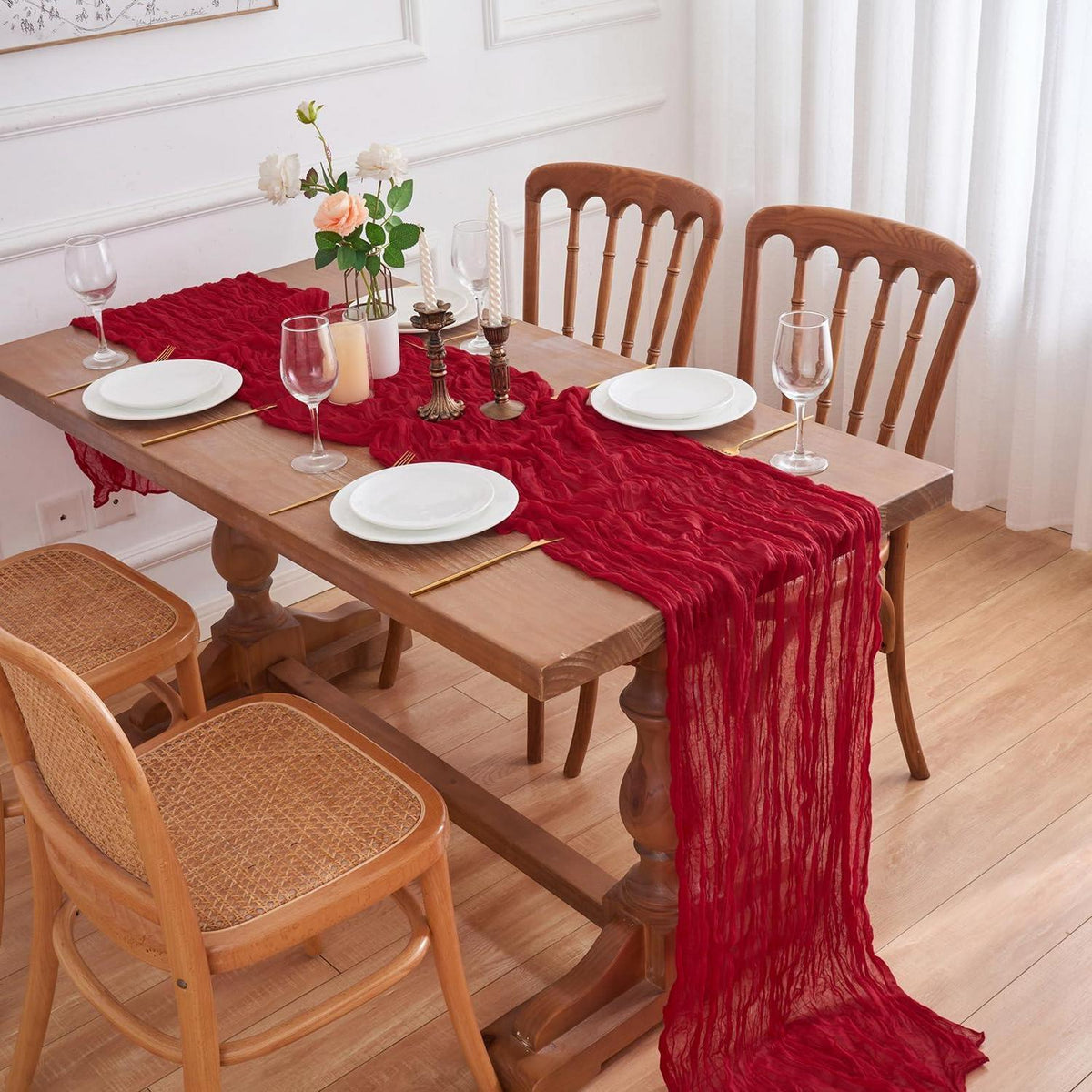 6x Tischläufer Boho Gaze 90x300cm Rot – Rustikale Tischdeko