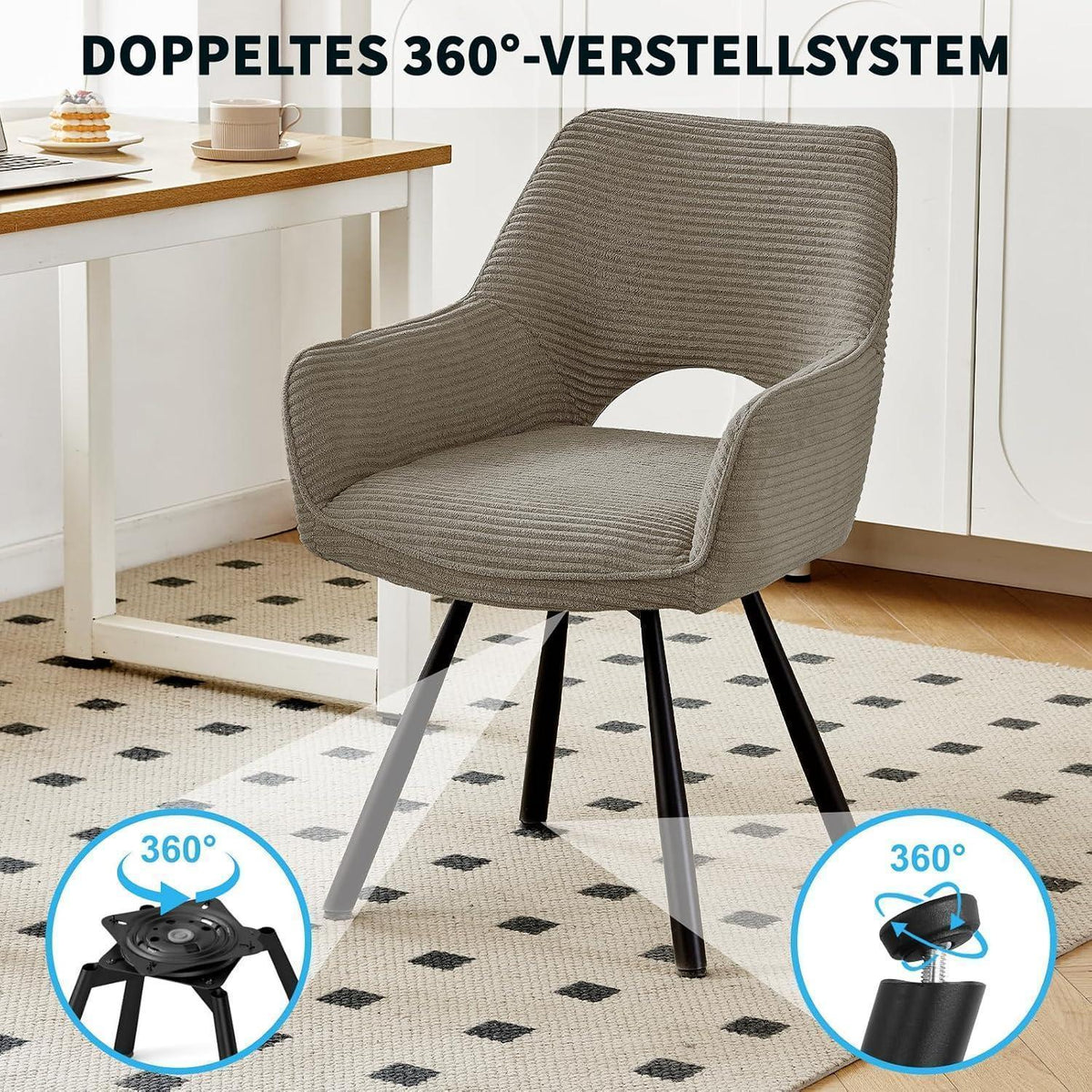 360° Drehbarer Esszimmerstuhl mit Armlehnen, Hellkaffeebraun