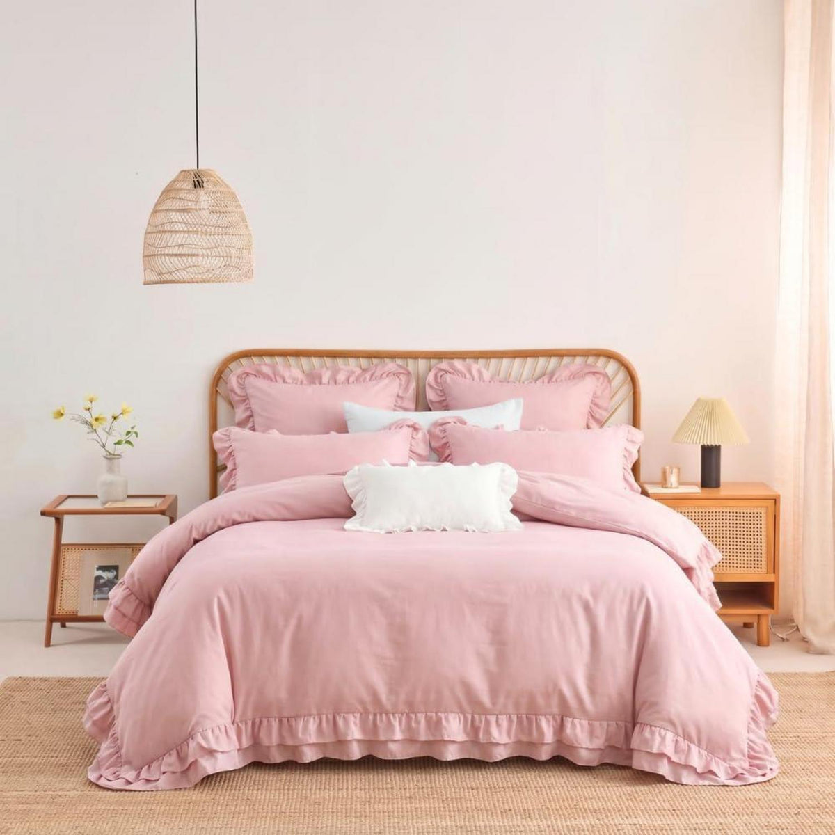 Rüschen Bettwäsche Set Rosa 200x220 + 2x 80x80cm