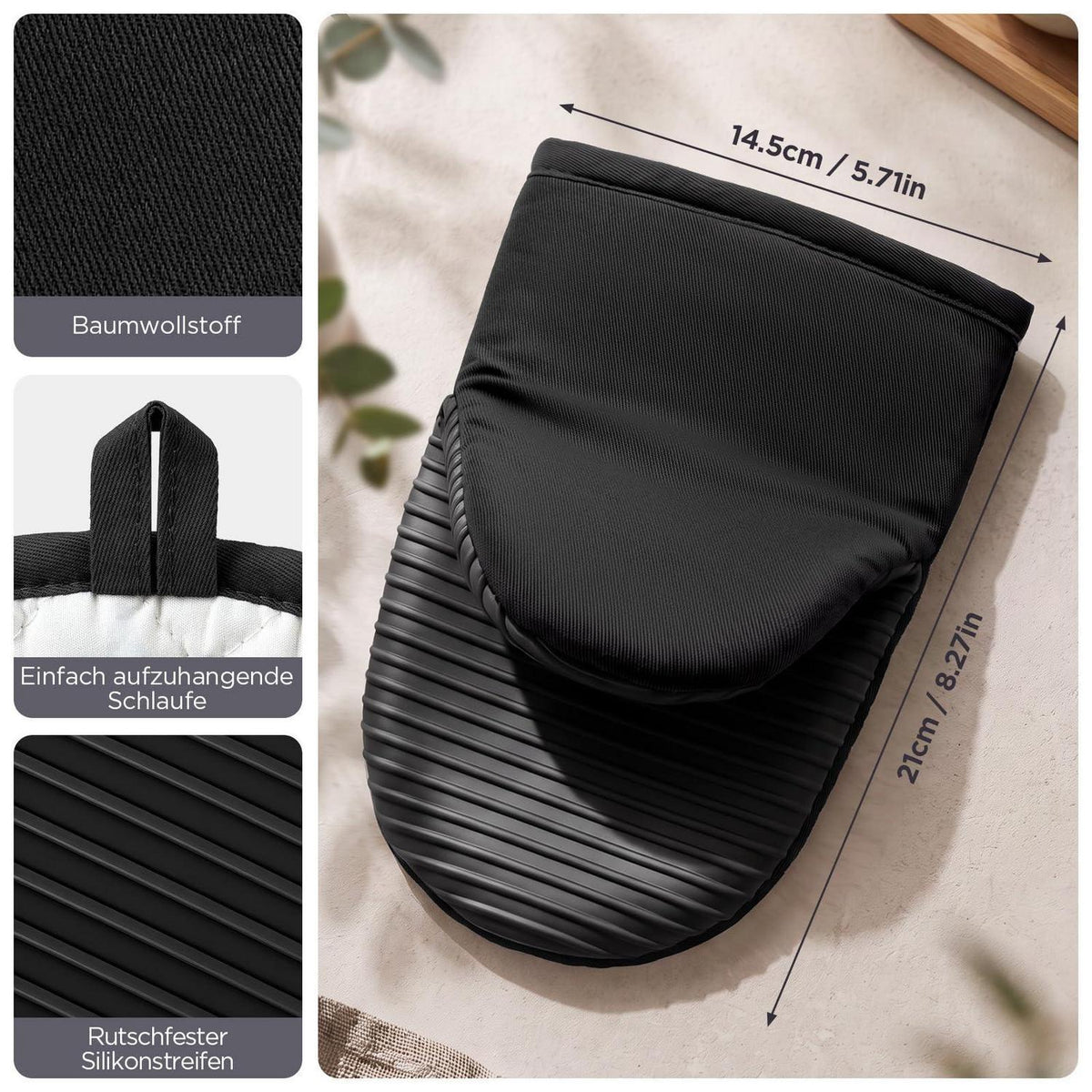 Mini Ofenhandschuhe Silikon mit Baumwollfutter, Hitzeschutz 2er Set Schwarz