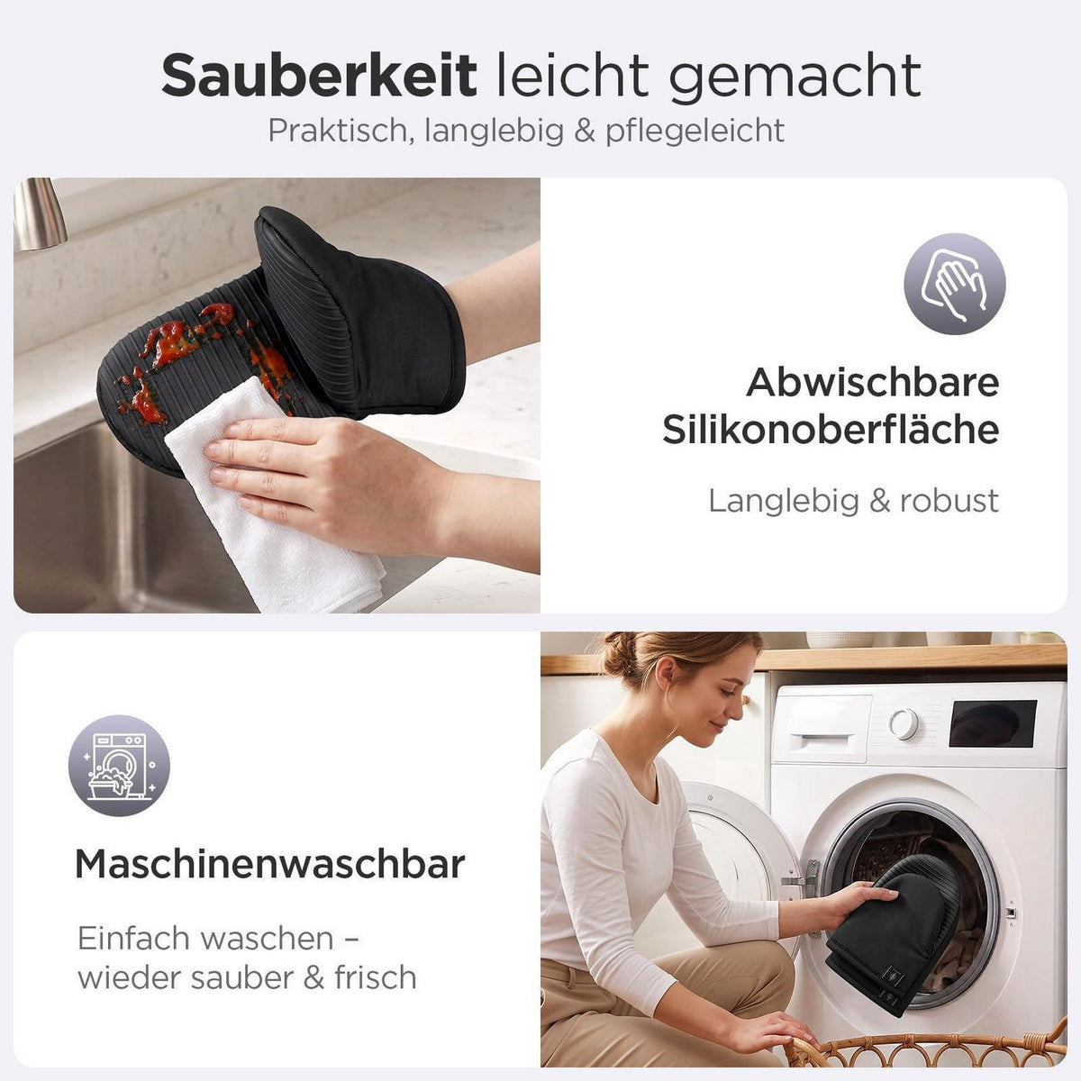 Mini Ofenhandschuhe Silikon mit Baumwollfutter, Hitzeschutz 2er Set Schwarz