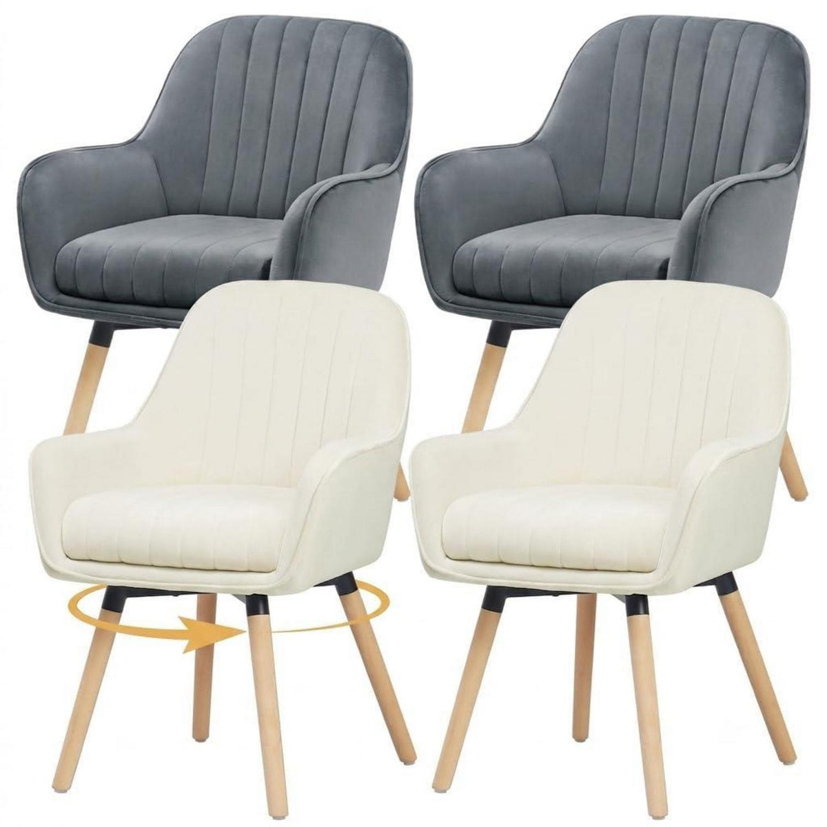 Drehbarer Samt Esszimmerstuhl Set 4er – Grau & Cremeweiß