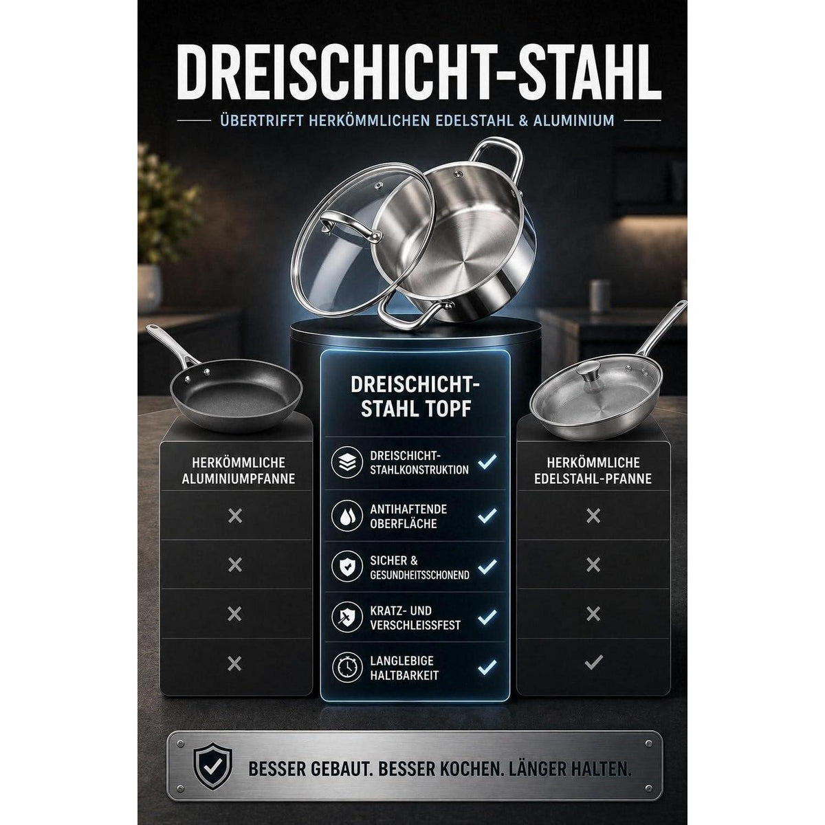 10-teiliges Edelstahl Kochtopf-Set mit Glasdeckeln