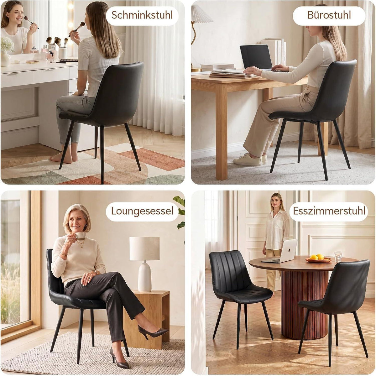 Esszimmerstühle Set 4er – Schwarz, Metall in Lederoptik