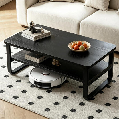 Holz Couchtisch mit 2 Ebenen & Metallbeinen – Beistelltisch Schwarz