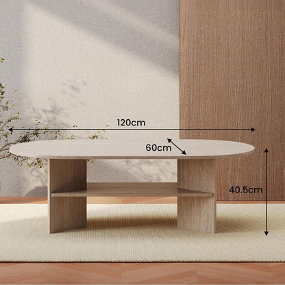 Moderner Couchtisch oval mit Ablage – Travertin-Farbe