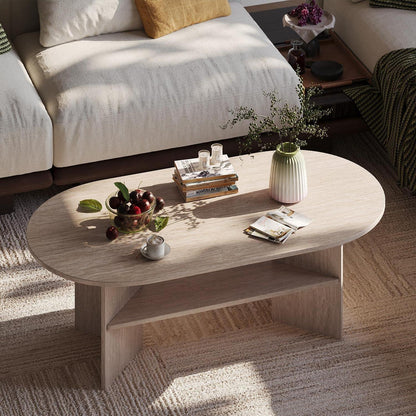 Moderner Couchtisch oval mit Ablage – Travertin-Farbe