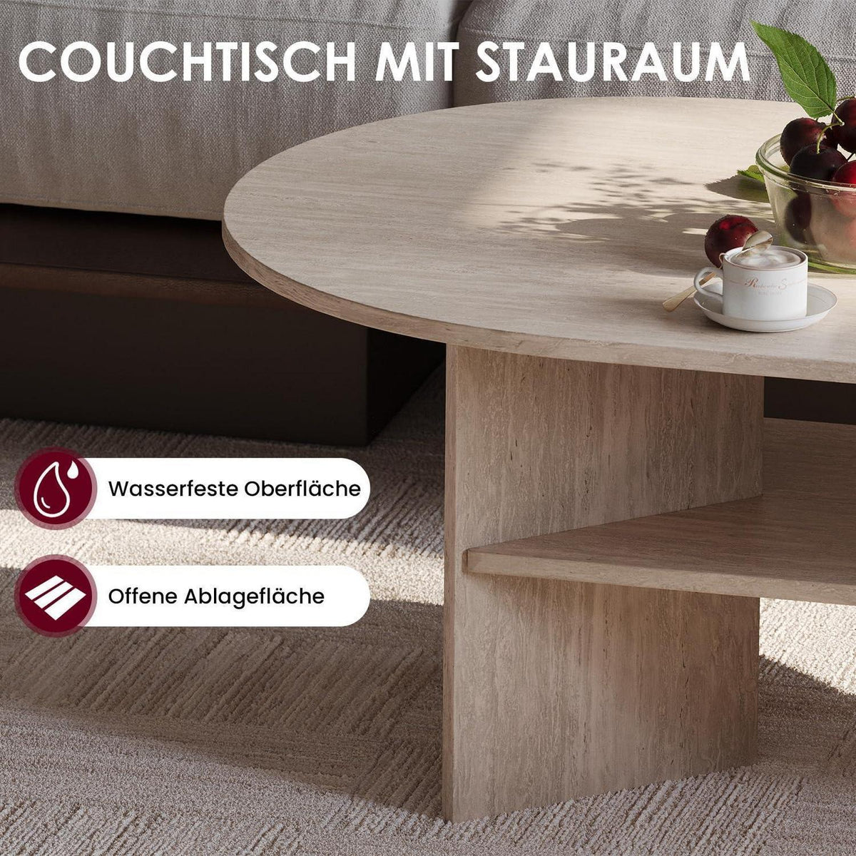 Moderner Couchtisch oval mit Ablage – Travertin-Farbe